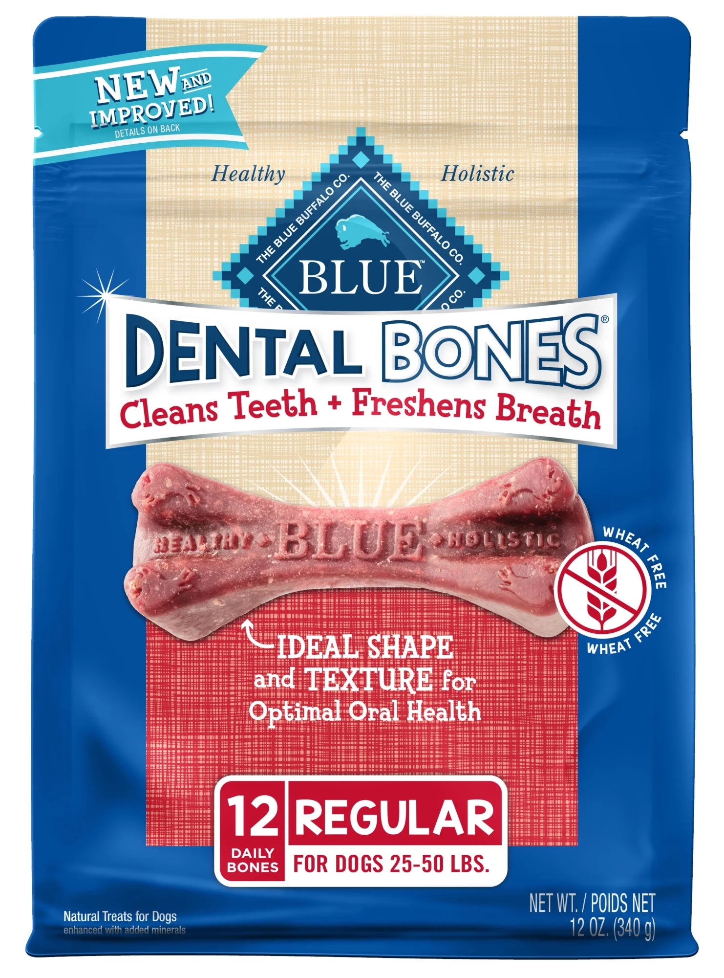 Dental Bones Regular (25-50 Lbs) Dental Treats for Adult Dogs, Whole Grain, 12 Oz. Bag