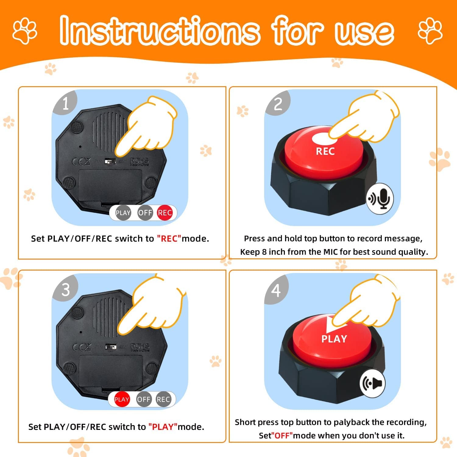 Set of 4 Dog Buttons，Including 2 Mats, Training Guide and Pre-Installed Battery. Dog Voice Training Buzzer ，Recordable Button ，Train Your Dog to Make the Sound They Want (Battery Included)